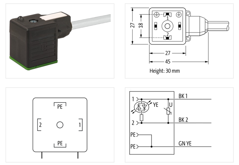 Đầu nối van điện từ form A 18mm 230V có 5m cáp 7000-18061-2260500 - DETAIL