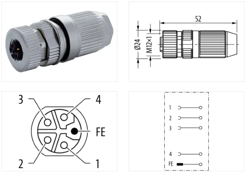 Đầu nối M12 Power female 0° L-code IDC 5 cực có shield - detail