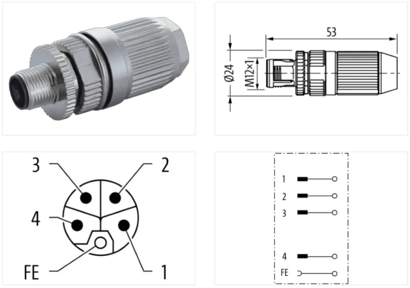 Đầu nối M12 Power male 0° L-code IDC 5 cực có shield - detail