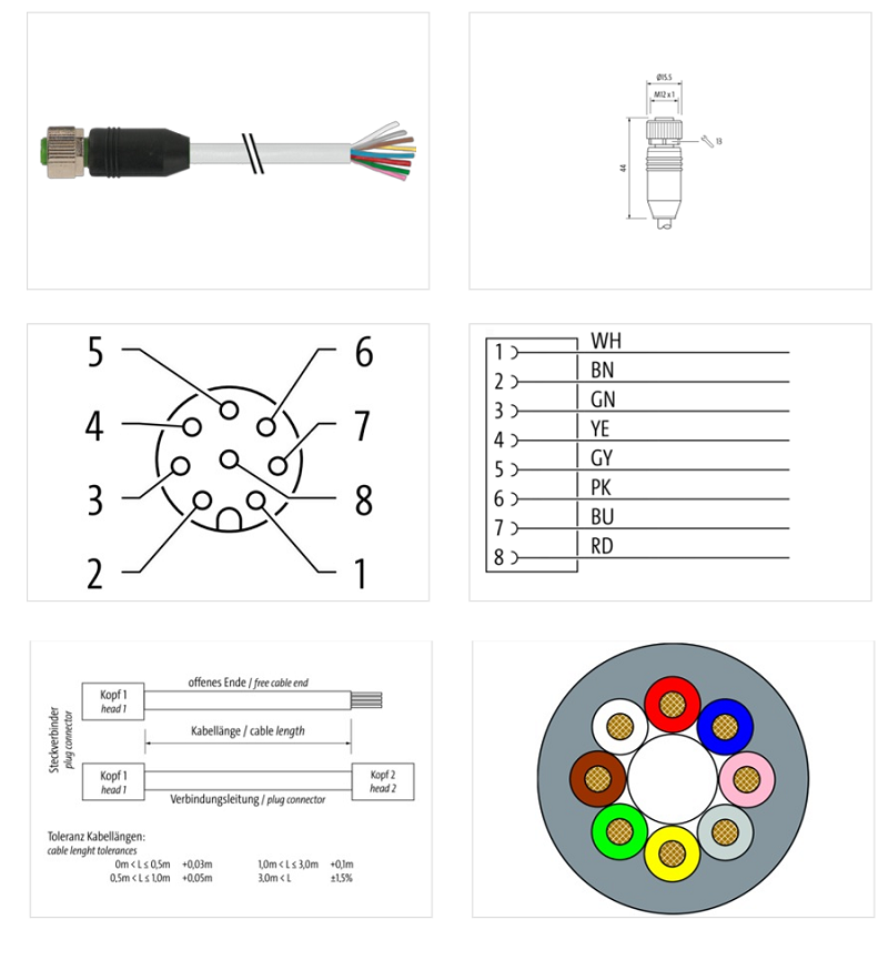 Đầu nối M12 female 0° A-code 8 cực có cáp dài 15m 7000-17041-2921500 - DETAIL