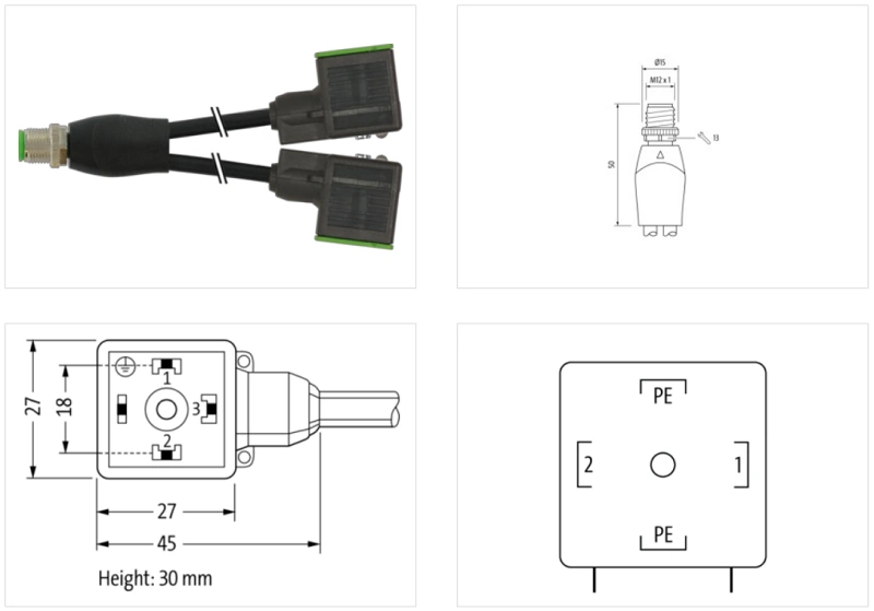 Đầu nối Y M12 male 2x valve plug A-18mm - body 1