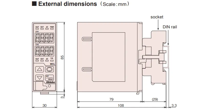 Đồng hồ nhiệt 2 kênh lắp DIN-rail - dimension