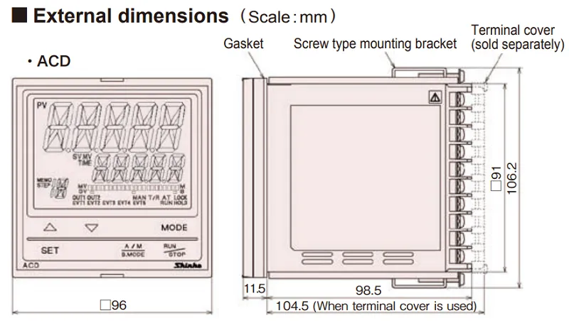Đồng hồ nhiệt độ 96x96mm ngõ ra rơ-le ACD-13A - dimension