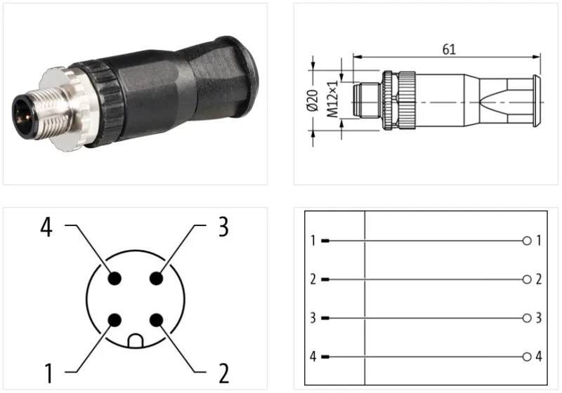 Đầu nối M12 male 0° A-code 4 cực - detail