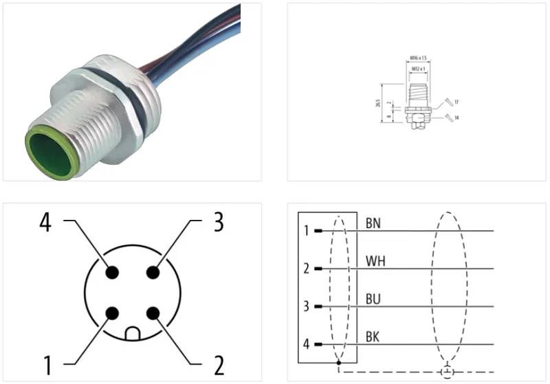 Đầu nối lắp vách M12 male A-code 4 chân có sẵn 0.2m dây - detail