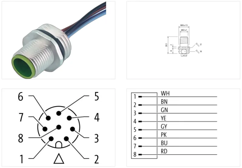 Đầu nối lắp vách M12 male A-code 8 chân - detail